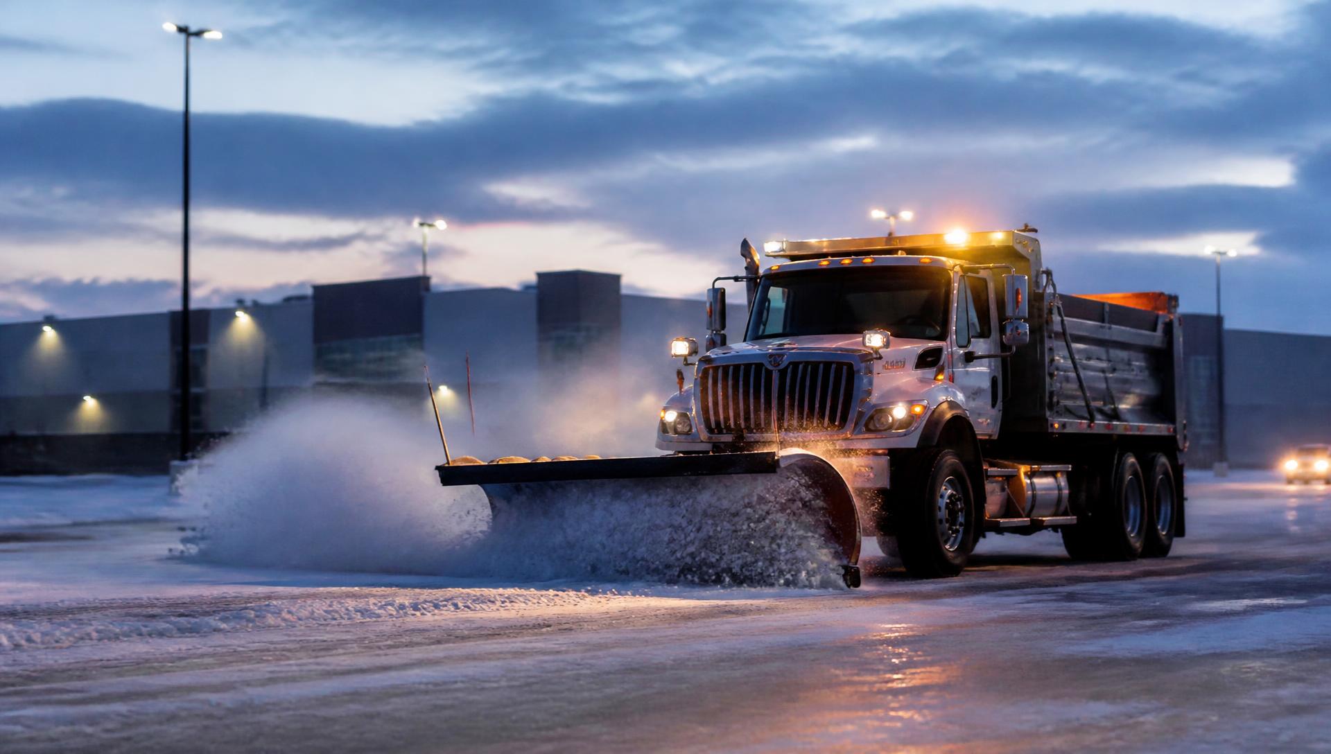 Commercial snow plow truck clearing a large commercial parking lot during a winter storm